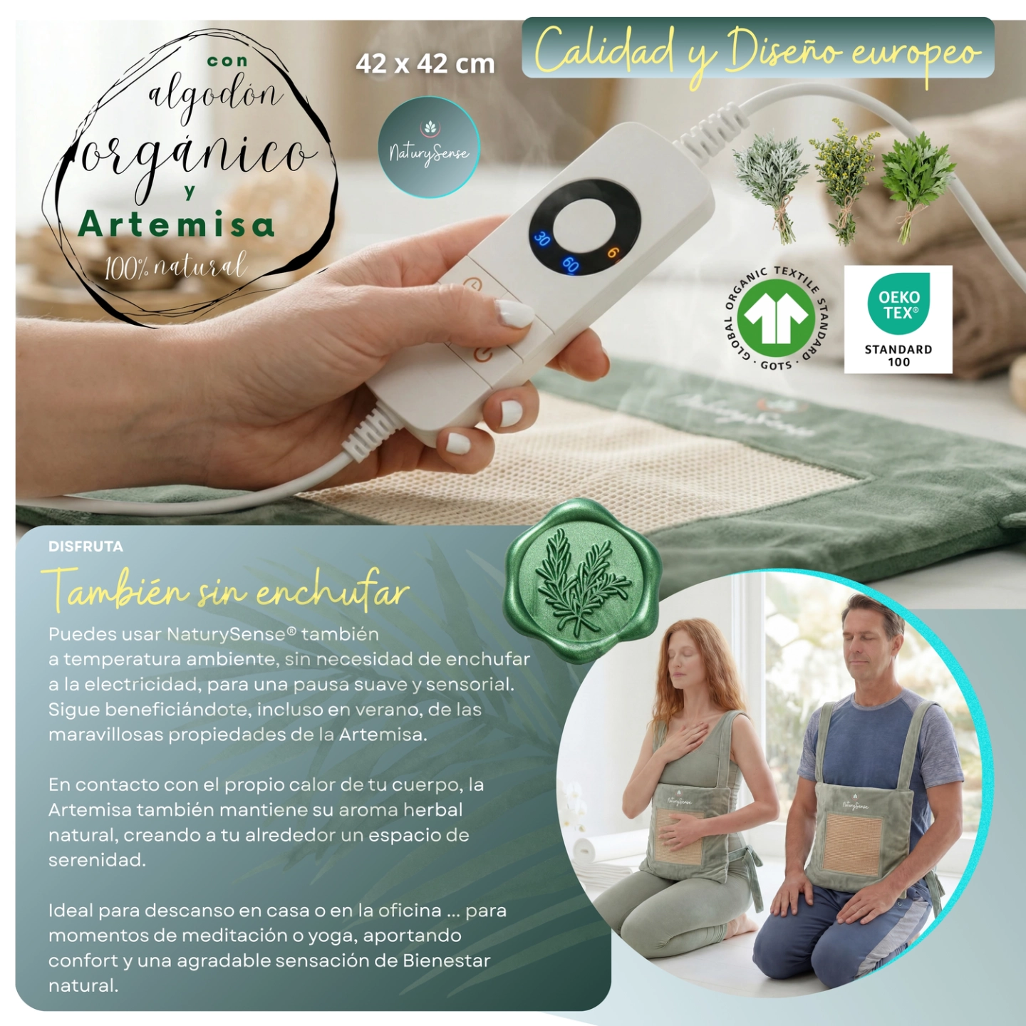Pack almohadilla eléctrica NaturySense® + 1 repuesto moxa de Artemisa